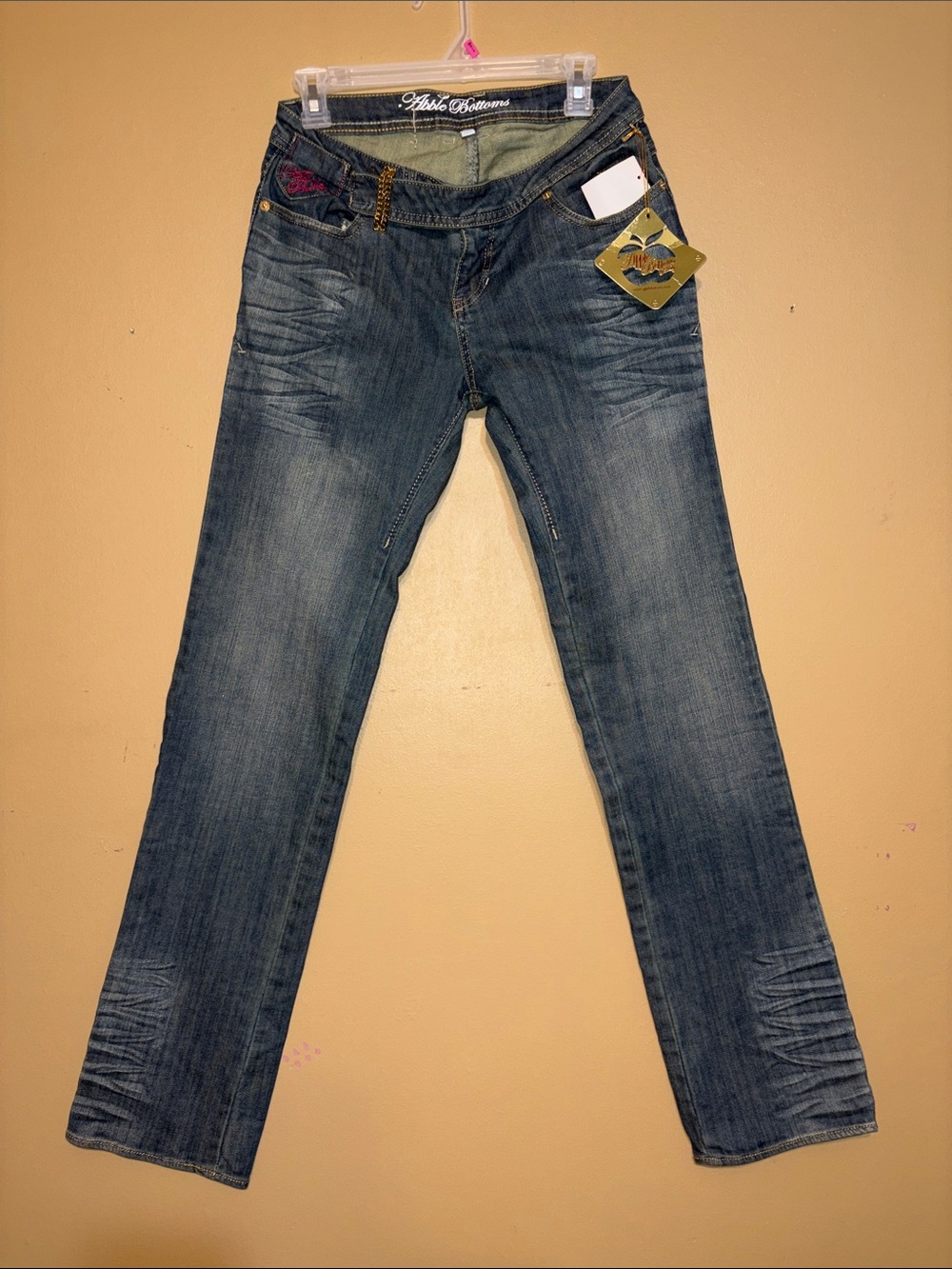 NWT Vintage Apple Bottoms Women's Y2K Size 7-8 Blue Jeans Chains Embroidery
